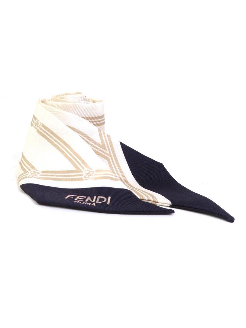 Auth Fendi Ribbon Scarf Beige/Navy Silk #376980F12B